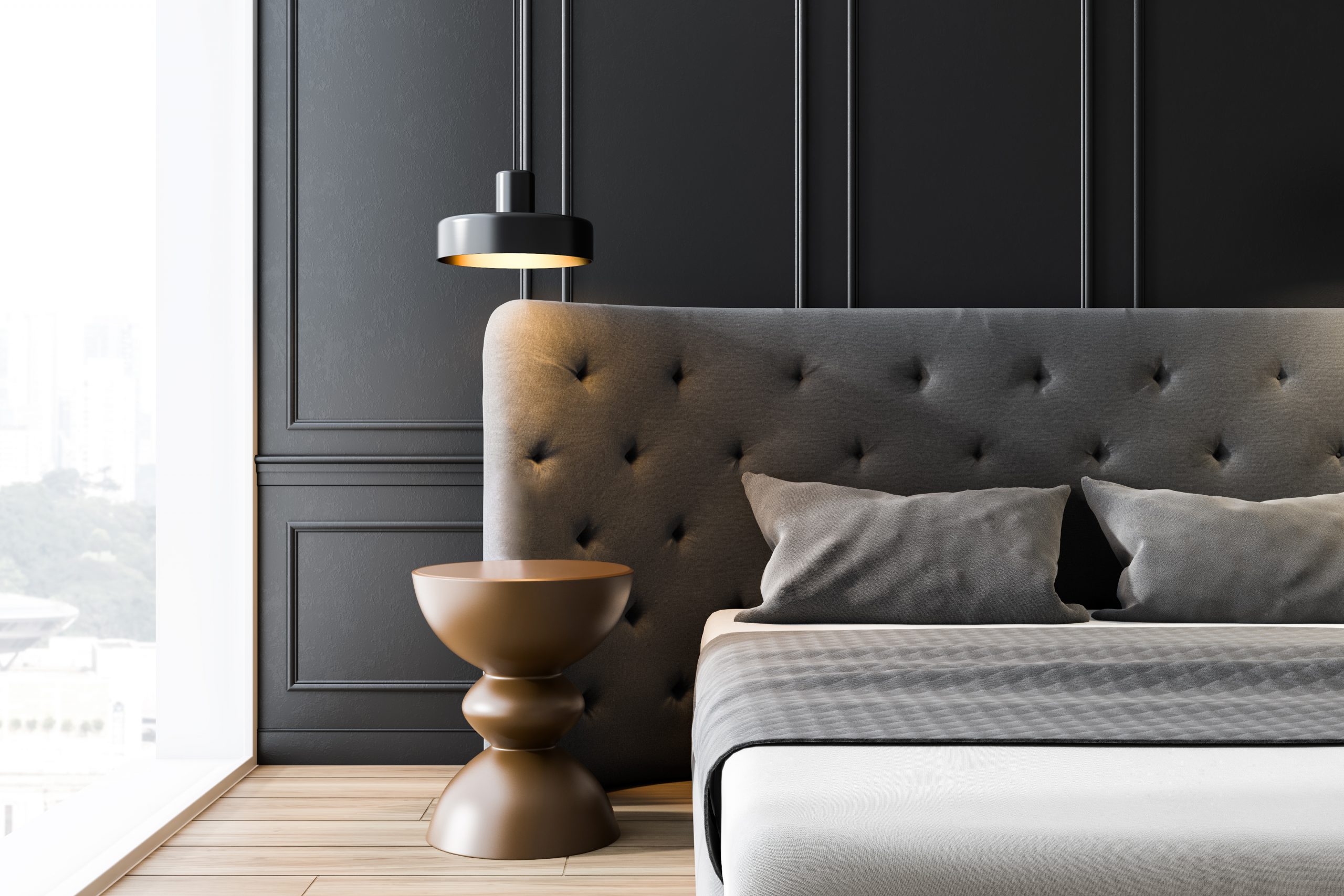 Grey bedroom interior with master bed and table